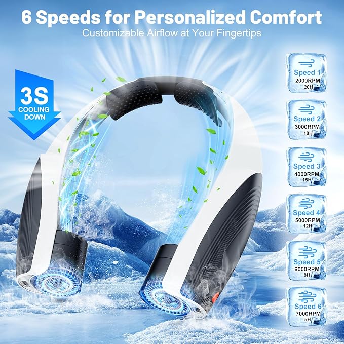 AI Portable Neck Fan with 6 Powerful Speeds, 8000mAh Battery Operated USB-C Rechargeable Fan, Hands-Free 360° Cooling Neck Fan,Twistable,Ultra-Quiet Personal Fan for Women Men Travel(Black-White)