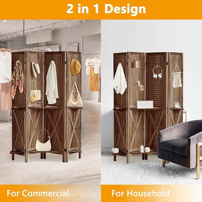 Aleesing 4 Panel Pegboard Display with 16 Hooks, Wooden Pegboard Room Divider Wall with Shelf, Partition Room Dividers and Folding Privacy Screens, Bedroom, Jewelry Store, Brown