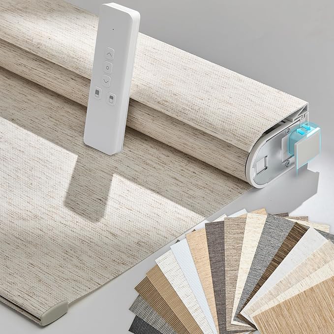 Persilux Smart Motorized Blinds with Remote, No Drill Automatic Roller Shades for Indoor Windows, Light Filtering Linen Fabric, Electric Blinds for Windows, Nature Cream C25-2, Custom Size