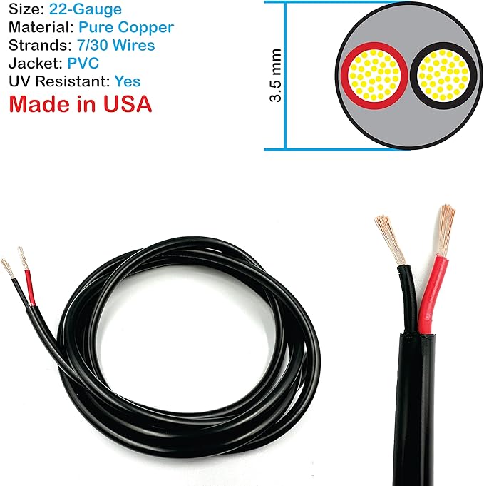 NATIONAL Wire & Cable – 22 AWG 2-Conductor Premium Copper Wire, 100 ft, Stranded | Made in USA, Flexible Jacket | Electronics, Alarms, Signal Wiring, DIY, Indoor and Outdoor Use