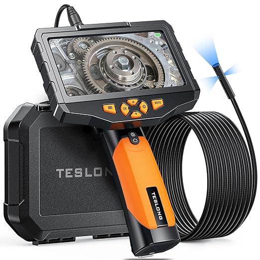 Triple Lens Borescope Inspection Camera, Teslong Professional Endoscope with Light, Digital Video Scope Camera, 5" IPS Screen, Waterproof Flexible Cable for Automotive/Home/Wall/Pipe/Car (16.5FT)