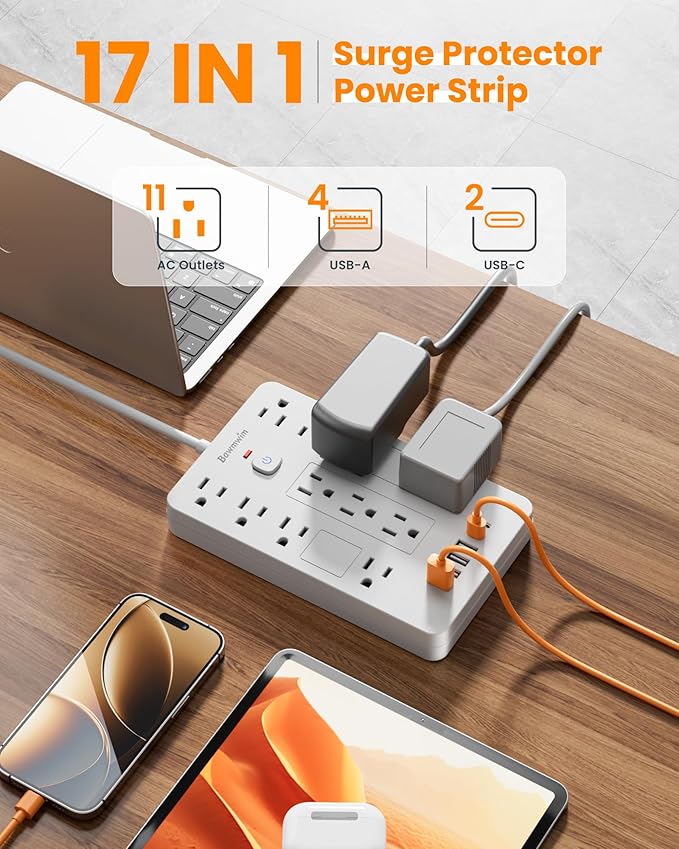 Bawmwim Surge Protector Power Strip - 11 Outlets(1850W/15A) with 6 USB Ports(2 USB C), 6FT Flat Plug Extension Cord, Wall Mount, White,Listed for Home, Dorm Room