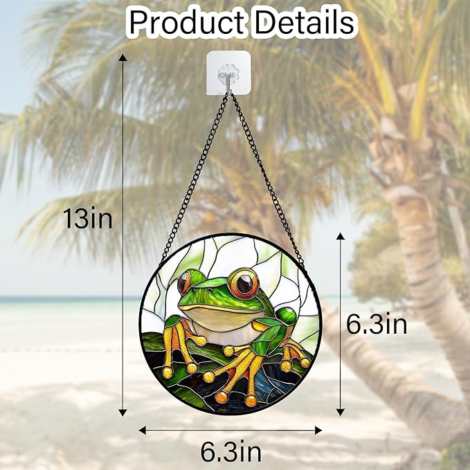 DASTOLL Stained Glass Window Hanging, Green Frog White Petals Sun Catchers Colorful Glass Panel Cute Suncatcher Decor for Birthday for Women, Men, Wife, Aunt, and Mom 6.3 in