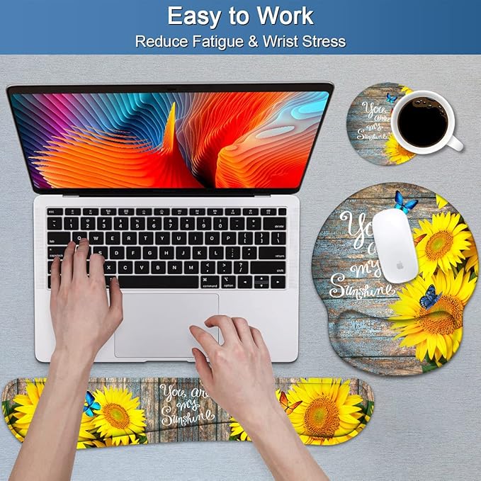 Keyboard Wrist Rest and Mouse Pad Wrist Support Set with Coasters, Ergonomic Gaming Mousepad for Home Office Working Studying Easy Typing & Pain Relief, Sunflower, You are My Sunshine