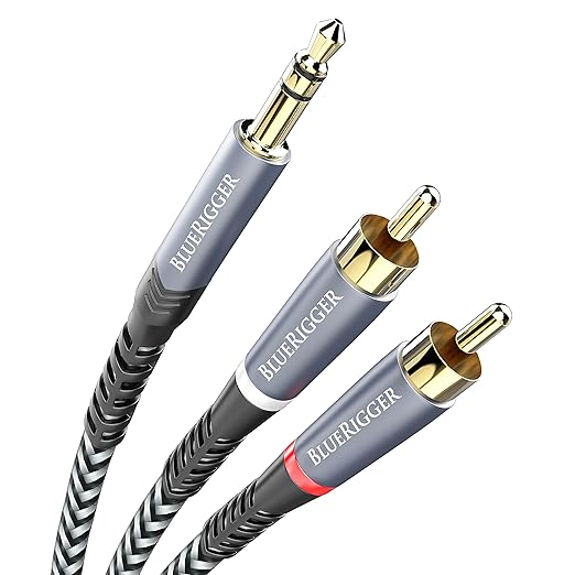 BlueRigger 3.5mm to RCA Audio Cable (6FT, RCA Male to Aux Audio, Braided, Headphone Jack Adapter, Metal Shell) - for Phones, Amplifiers, Tablets, Home Theater, Speakers, HDTV