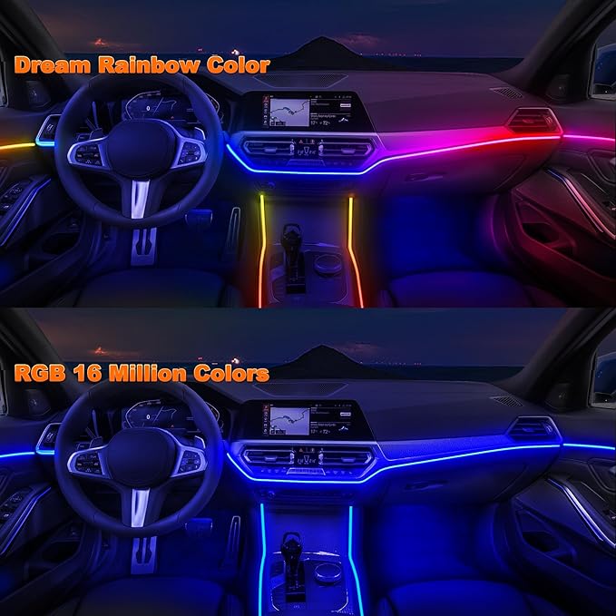 Jushope Acrylic LED Lights - Interior Car Ambient Lighting Kits with Dynamic Rainbow Dream Color Chasing, Music Sync (10 in 1(4*29.5+43.3+14.5 inches+4 Footwell Lights))