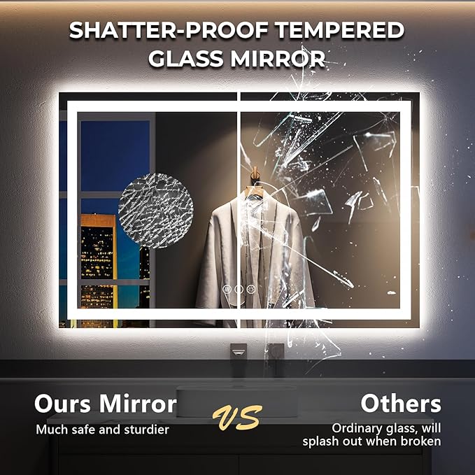 YEELAIT 60x40 Inch LED Bathroom Mirror with Lights Front and Backlit Lighted Vanity Mirror for Bathroom Wall with 3 Colors Dimmable Anti-Fog Memory Shatter-Proof IP54 Waterproof Horizontal/Vertical