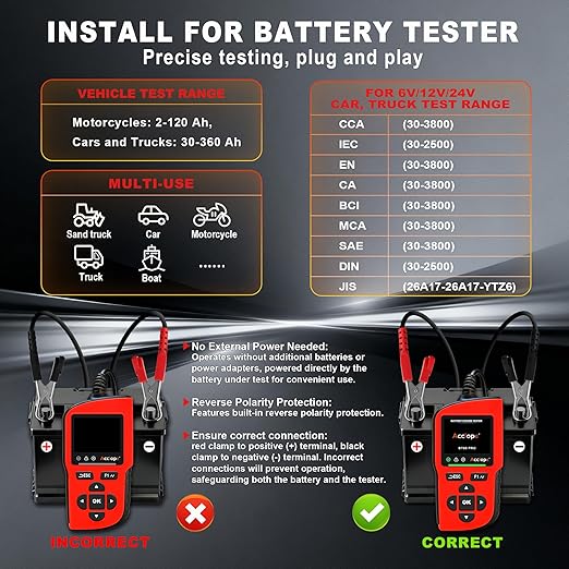 Acclope BT90 PRO 2-360Ah Battery Tester with Cloud Printing, 30-3800 CCA, 6V/12V/24V Digital Analyzer, SOH/SOC/Volt/Res/Cranking&Charging Test, Real‑Time Ambient Temp, AGM/EFB/Gel/Li