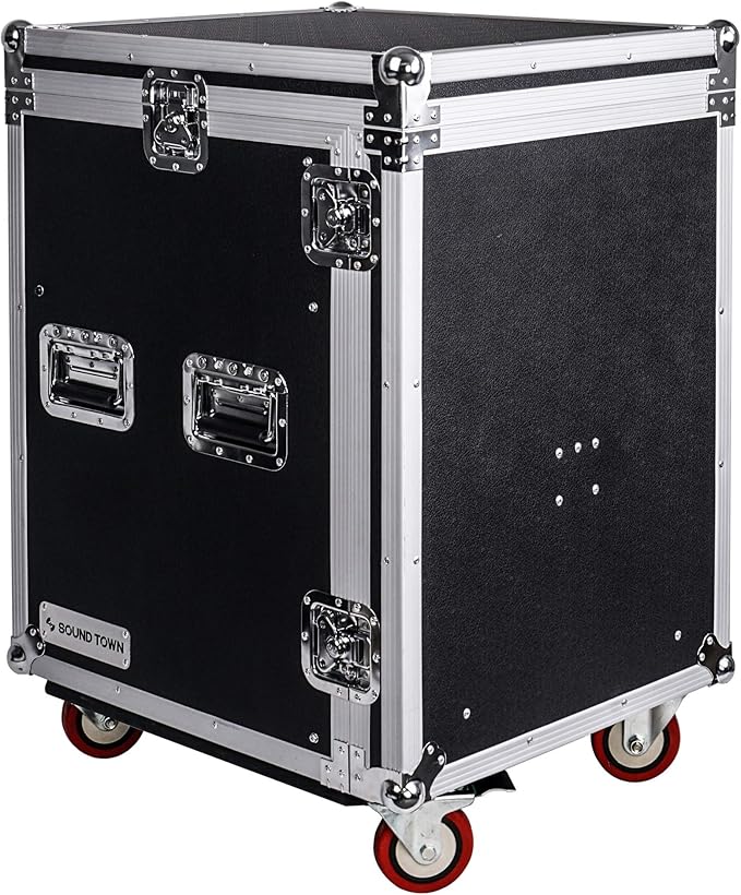 Sound Town Heavy-Duty 1/2" (12mm) Plywood 14U PA DJ Pro Audio Rack/Road ATA Case with 11U Slant Mixer Top, Locking Drawer, Side Table, 20’’ Rackable Depth and Casters (STMR-14TD3)
