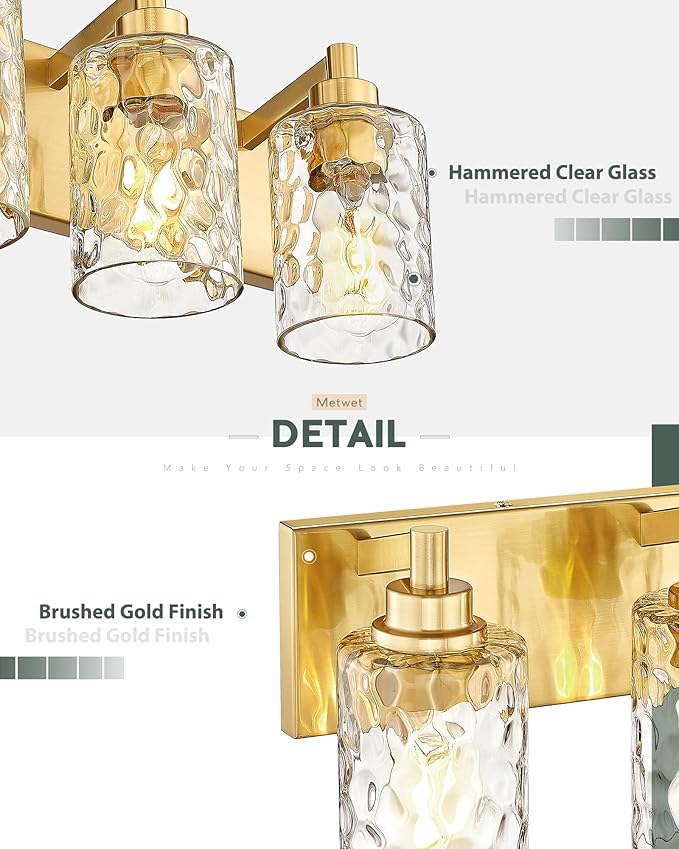 METWET 4-Light Bathroom Light Fixtures, 24.5 Inch Brushed Gold Vanity Lights with Clear Hammered Glass Cylinder Shade, Modern Vanity Lighting Fixture Over Mirror, VL198-BG-4