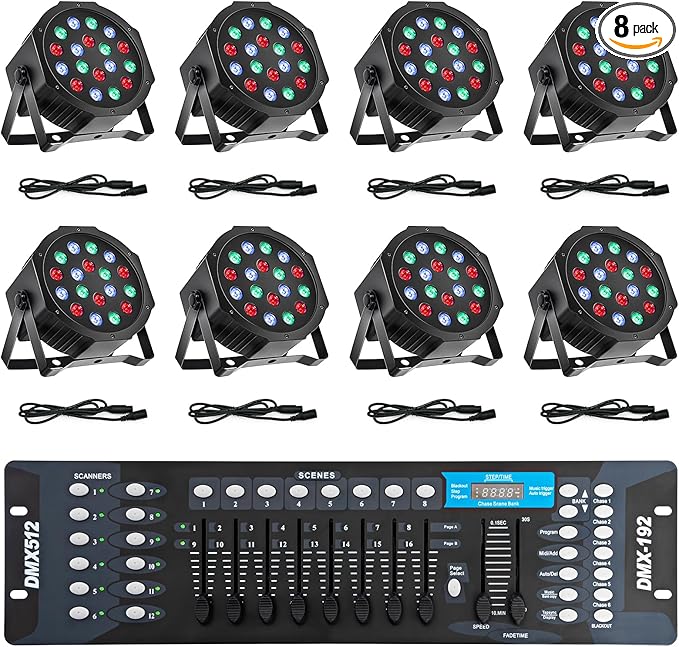 SmarketBuy Stage Lights with Sound Activated & DMX Control, 8 Pack 18x3 W LED Par Lights, Versatile DJ Light for Stage Uplighting, Wedding, Party Events, Clubs,Music Shows & Holiday Decorations