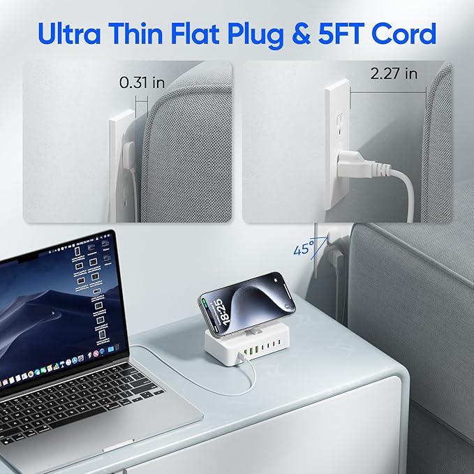 11-in-1 Charging Station USB-C Power Strip, 300W USB C Charger Block, 2AC Outlets 8USB Ports(4USB-C) Surge Protector, 5FT Flat Plug Extension Cord, PD110W Desktop Fast Charging for Home Office, White