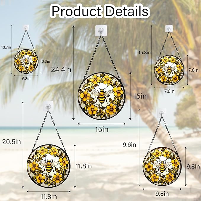 AMDERVEN Stained Glass Window Hanging - Yellow Flowers Surrounded by Bees Sun Catcher for Door Garden Home Decor Cute Suncatcher Christmas Mother's Day Birthday Gifts for Women Men Mom Nana 15 in