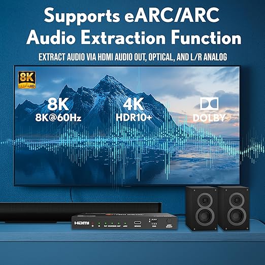 J-Tech Digital 8K HDMI Audio Extractor with eARC ARC 8K 60Hz 4K 120Hz, HDMI to Optical L/R Converter Adapter, HDCP 2.3 HDR CEC EDID [JTECH-8KAE]
