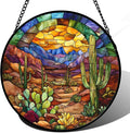 CRISGIF Stained Glass Window Hanging Cactus Mountains Landscape Large 11.8" - Suncatcher Door Garden Sunroom Sun Catcher Home Decor Birthday Christmas for Mom Men Woman Nana