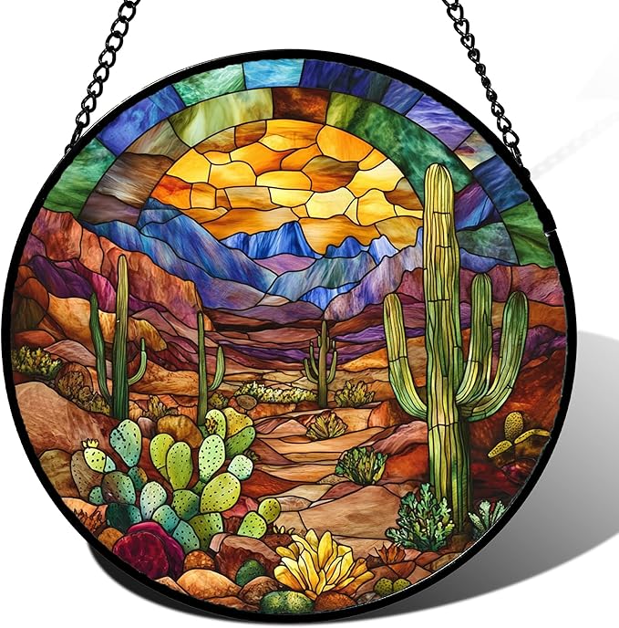 CRISGIF Stained Glass Window Hanging Cactus Mountains Landscape 7.8" - Suncatcher Door Garden Sunroom Sun Catcher Home Decor Birthday Christmas for Mom Men Woman Nana