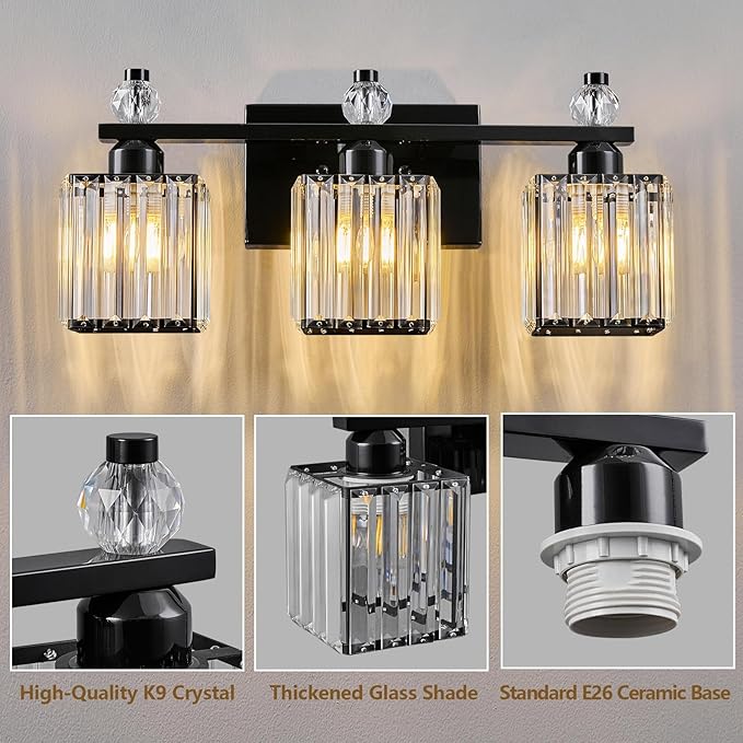 FDPBY Black Bathroom Vanity Lights Crystal Vanity Light Bathroom Lighting Fixtures 3 Light Modern Vanity Lighting Fixtures