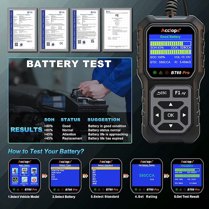 Acclope BT60 Pro Car Battery Tester, Digital Analyzer with Cloud Printing, 6V/12V/24V Battery Checker for AGM, Lithium, Gel Batteries, 100-3000 CCA Range, Automotive Charging System