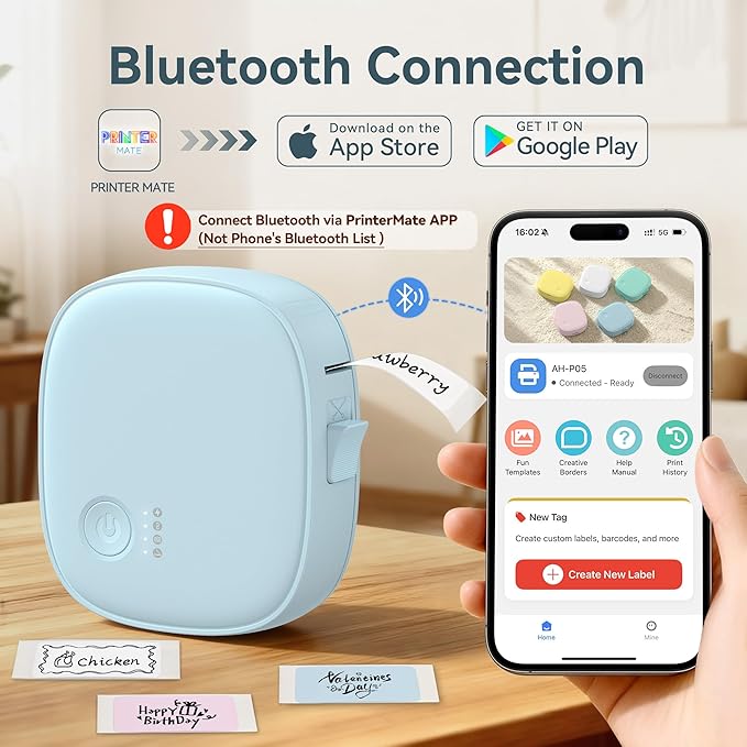 XenGro Mini Label Maker Machine with Tape AH-P05, Portable Bluetooth Mini Label Printer, Wireless Thermal Label Maker, Waterproof & Rechargeable, Built-in Cutter, for Home, Office, Kitchen – Blue