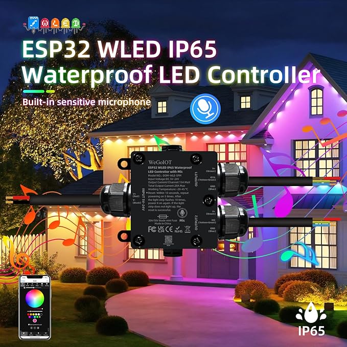 WeGoIOT Waterproof ESP32 WLED Controller with Mic, Project for Pool Boat Landscape Outdoor Lights IP65 Dynamic RGB IC DIY Lighting WiFi APP Control for WS2812B DC5-24V RGBW LED Controller (2 Channel)
