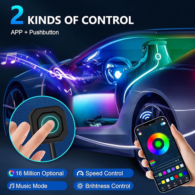 Dreamcolor Acrylic Ambient Lighting Car Lights – Wireless APP Control, Music Sync, Dynamic RGB Interior Car LED Strip Light Kit, 22-in-1 Customizable LED Lights for Car Interior