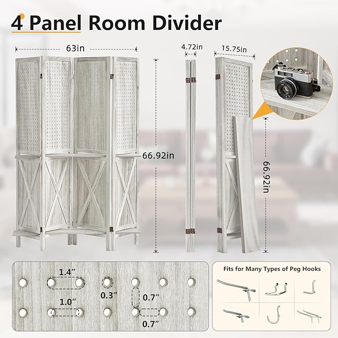 Aleesing 4 Panel Pegboard Display with 16 Hooks, Wooden Pegboard Room Divider Wall with Shelf, Partition Room Dividers and Folding Privacy Screens, Bedroom, Jewelry Store, White