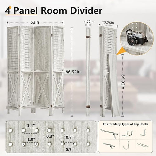 Aleesing 4 Panel Pegboard Display with 16 Hooks, Wooden Pegboard Room Divider Wall with Shelf, Partition Room Dividers and Folding Privacy Screens, Bedroom, Jewelry Store, White
