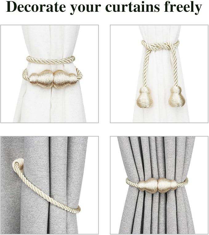 Nieffeiy Magnetic Curtain Tiebacks Outdoor Curtain Tie Backs Rope Decorative Magnetic Curtain Holders for Drapes Window Treatment Holdbacks, Ecru 2Pack