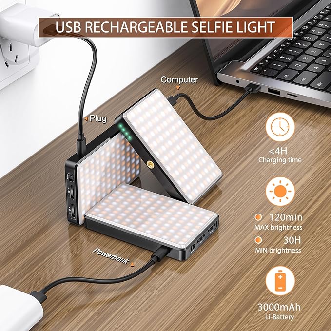 SEAEYES 120 LED Video Light, Portable USB Photo Light Dimmable 2500-9000K CRI 95+ 5000mAh Battery with Tripod with Colored Filters and Clip, Photo Lamp for Phone/iPad/Laptop/Camera