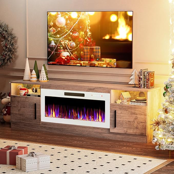 VITESSE TV Stand Fireplace with 36" inch Electric Fireplace Up to 80" TVs, LED Light Entertainment Center, 70" Modern Wood High Gloss with Highlight Storage Cabinet for Living Room (Gray)
