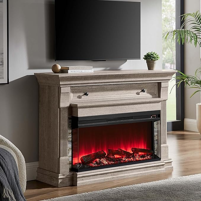OKD 52 Inch Electric Fireplace with Mantel, Fireplace TV Stand with 36" 3-Sided Glass Electric Fireplace Heater for Living Room (Light Rustic Oak)