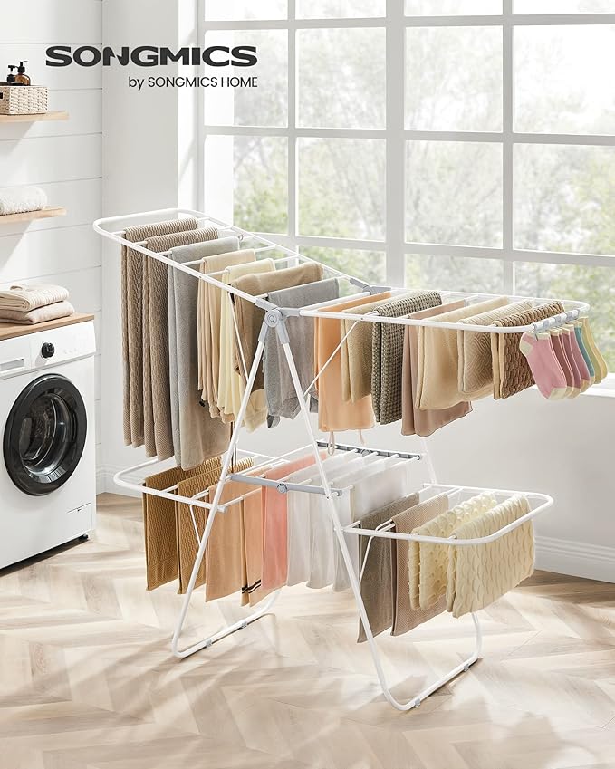 SONGMICS Clothes Drying Rack, Foldable 2-Level Laundry Drying Rack, Free-Standing Laundry Airer, with Height-Adjustable Wings, 33 Drying Rails, Sock Clips, White and Gray ULLR053G01V1