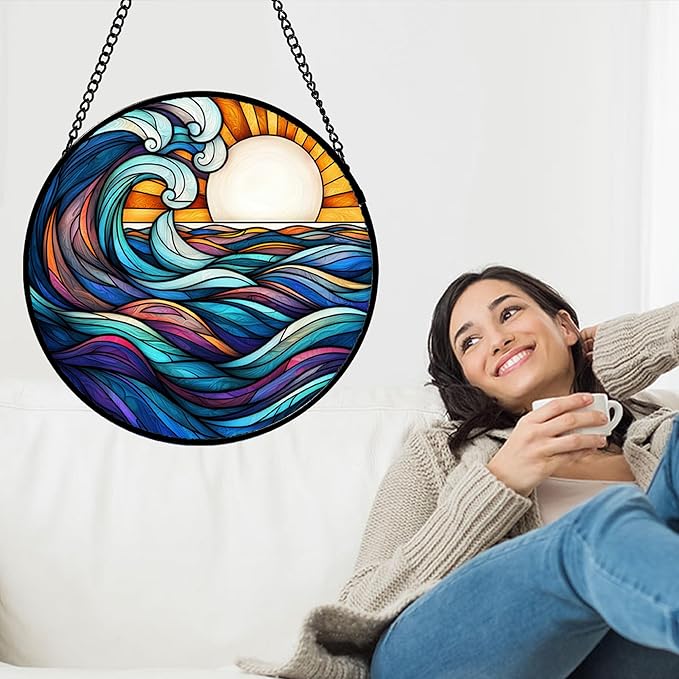 DASTOLL Stained Glass Window Hanging, Big Wave Sun Suncatcher Diamond Glass Panel Hangings Abstract Sun Catchers Decor for Birthday for Women, Men, Wife, Aunt, and Mom 14.9x14.9 in