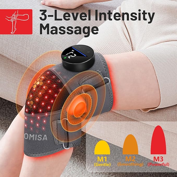 Red Light Therapy Knee Brace &Vibration Knee Massage, 660nm & 850nm Rechargeable Near Infrared Light Therapy Device for Knee/Elbow/Shoulder for Cordless Use, Gray.