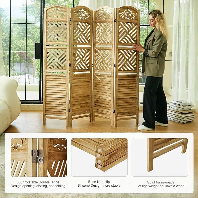Svimi Room Divider with Shelves, 68.9inch Wood Carved and Louvered Wall Divider Freestanding, 4 Panels Folding Partition Screen for Bedroom Home Office (Natural)