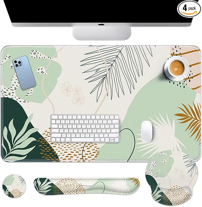 Britimes Green Boho Leaves Keyboard Mouse Pad Set 4in1 Large Mousepad+Keyboard Wrist Rest+Mouse Wrist Rest+Coaster Set with Ergonomic Design for Home Office Computer 35.4x15.7 inches