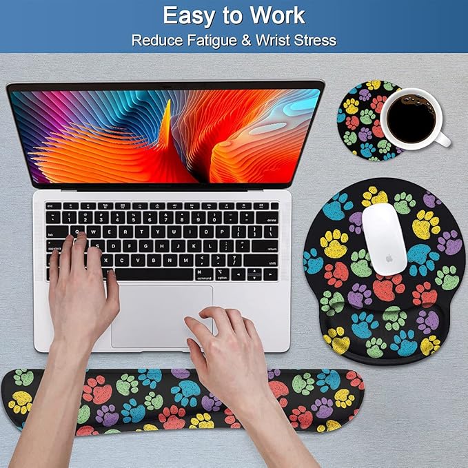 Keyboard Wrist Rest and Mouse Pad Wrist Support Set with Coasters, Non-Slip PU Base Ergonomic Gaming Mousepad for Home Office Working Studying Easy Typing & Pain Relief, Colorful Dog Paw Print