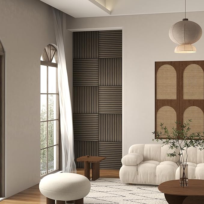 HOMCOM 4 Pack 3D Faux Wood Wall Panels, 24" x 24" Sound Absorbing Acoustic Panels, Wood Slat Wall Panels for Interior Wall Decor, Ceiling, Walnut