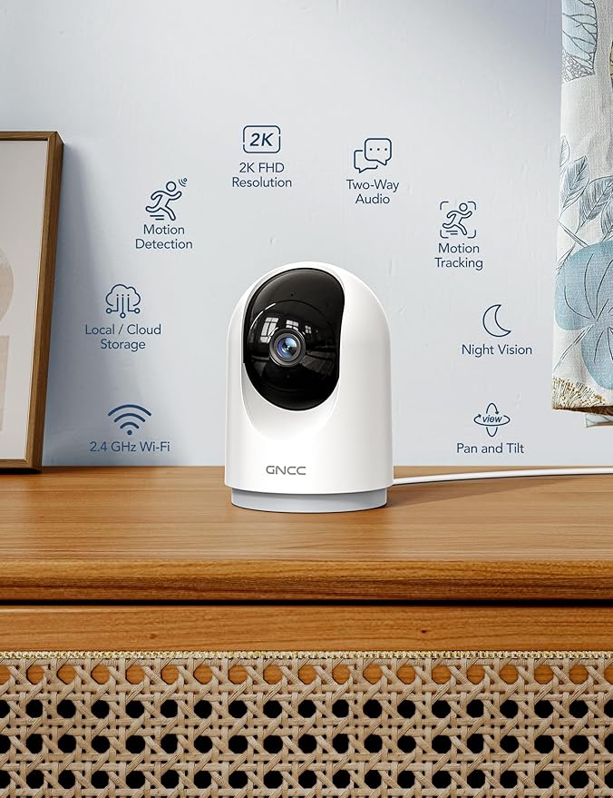 GNCC 2K Cameras for Home Security-Indoor Pan/Tilt Cameras for Baby Monitor/Pet Camera with Phone App, Night Vision, Motion Detection, 2-Way Audio, 24/7 SD Recordings, 2.4Ghz WiFi (2Pack)