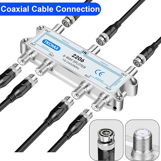 TKCHAX Coaxial Cable Splitter,Support 10-2602MHz,RG6 RG59 Coax Compatible,Work with MoCA2.5 and MoCA3.0, CATV, Satellite TV, Antenna, HDTV and High Speed Internet (6 Way Coaxial Cable Splitter)