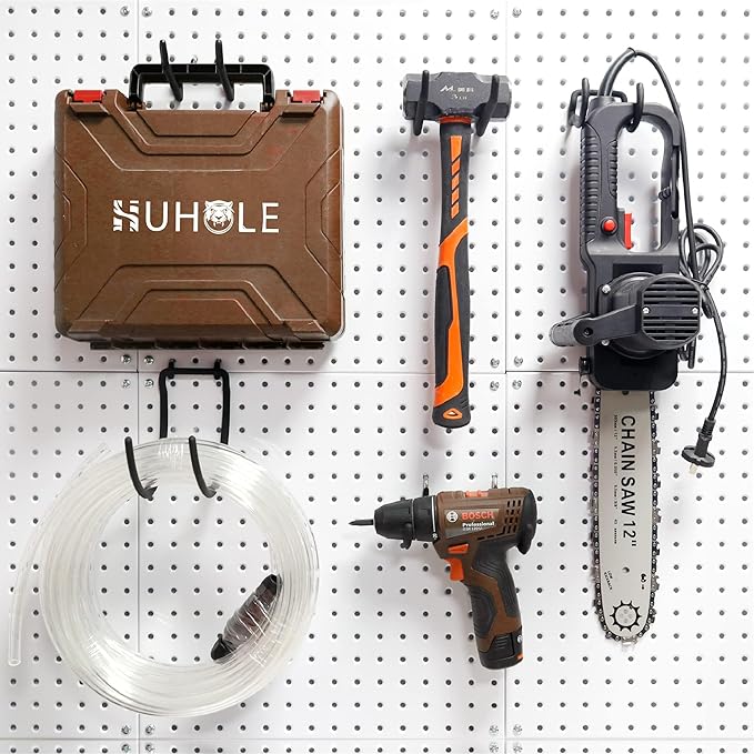 HUHOLE Pegboard Drill Holder, Peg Board Utility Hooks, 10 Pack Heavy Duty Peg Board Tool Holder for Power Tools, Drill, Hammer, Cord, Fit for 1/4" Pegboard | Heavy Duty, for Power Tools, Drill, Hammer, Cord