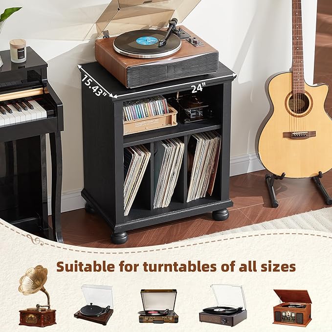 Joaxswe Record Player Stand with Charging Station Up to 200 Albums, 24" Wide Mid-Century Record Player Table with Vinyl Record Storage,Large Wood Turntable Stand Dispaly Cabinet for Living Room,Black