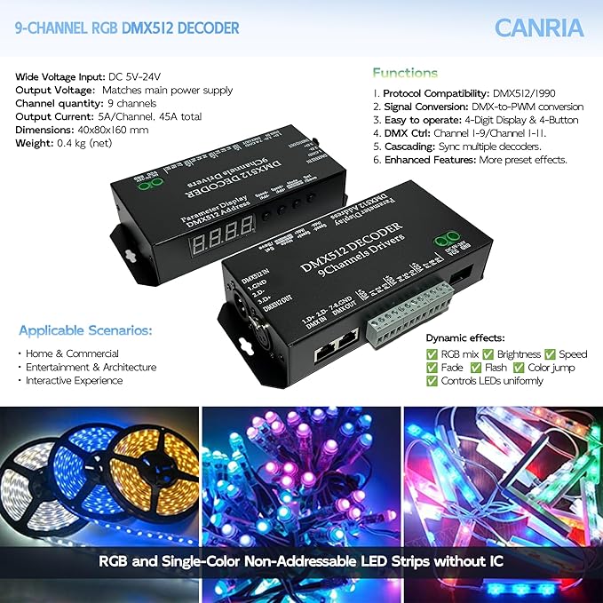 CANRIA 9 Channel DMX512 Decoder LED Controller, DC 5V-24V 5A/CH, RGB RGBW LED Lighting Driver, for Stage/Architectural/Event Lights, 4-Digit Display