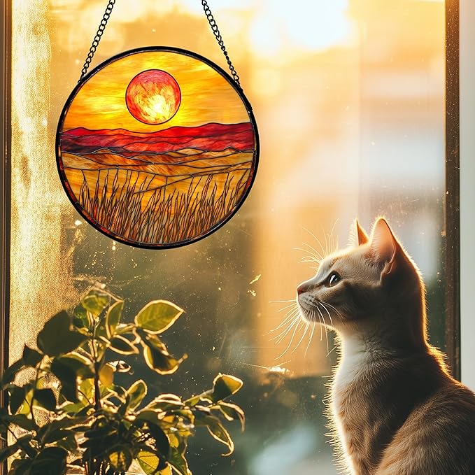 DASTOLL Stained Glass Window Hanging 4 Pcs Set Desert Sunset Theme Landscape Large 11.8" - Suncatcher Door Garden Sun Catcher Decor Birthday Christmas for Mom Woman Nana Men