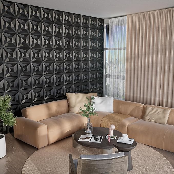 Greymond Black PVC 3D Wall Panels, 33 Pack 11.8''x11.8''Geometric Design for Modern Home Decor Upgrade, Textured Tile Decorative & Paintable for Living Room Lobby Bedroom Hotel Office