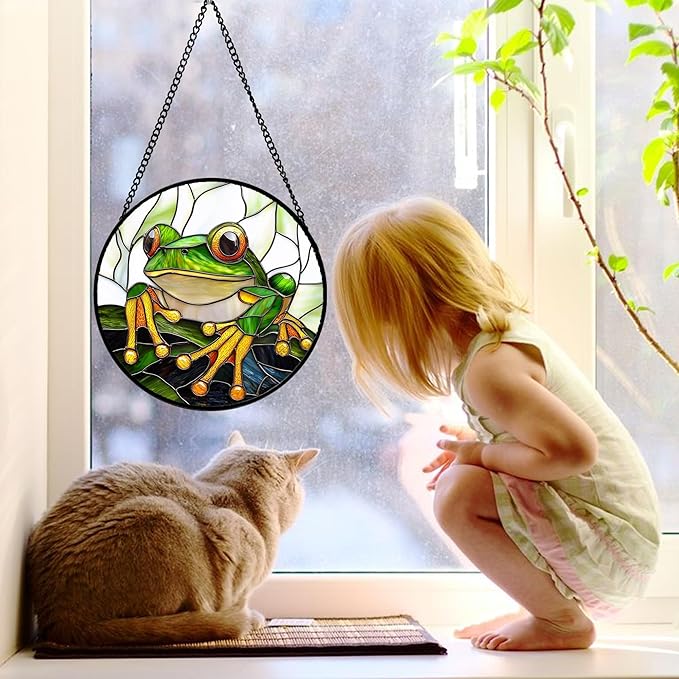 DASTOLL Stained Glass Window Hanging, Green Frog White Petals Sun Catchers Colorful Glass Panel Cute Suncatcher Decor for Birthday for Women, Men, Wife, Aunt, and Mom 9.8 in