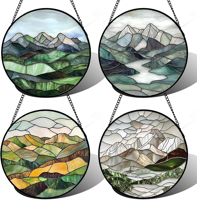 AMDERVEN Stained Glass Window Hanging 4 Pcs Set Mountain River Landscape 9.8" - Suncatcher Door Garden Sun Catcher Decor Birthday Mother's Day for Mom Woman Nana Girl Boy Friend