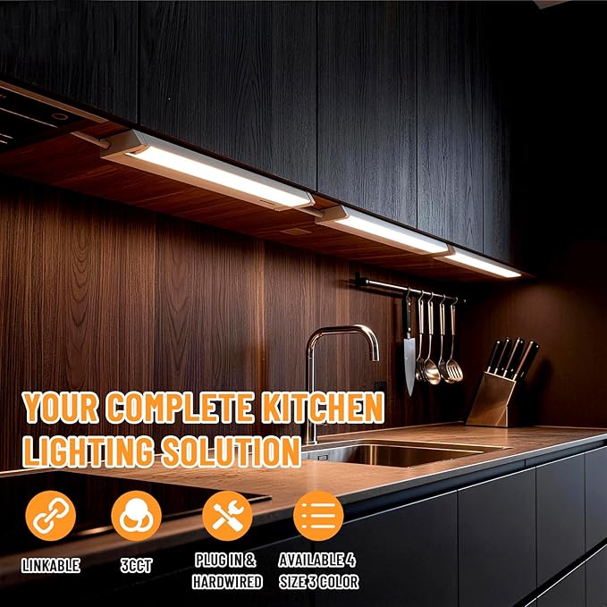 Snyloe 4 Pack 34" LED Under Cabinet Lighting Hardwired, 22W 1800LM 3CCT Adjustable (3000K/4000K/5000K), Plug-in Hardwired, Linkable Up to 10 Lights, 45° Rotatable Design