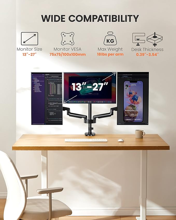 ErGear Triple Monitor Mount for 13-27 inch Screens, Triple Monitor Arms with USB, Heavy Duty Three Monitors Stand with Tilt, Swivel, Rotation, Holds Up to 17.6 lbs Each Arm