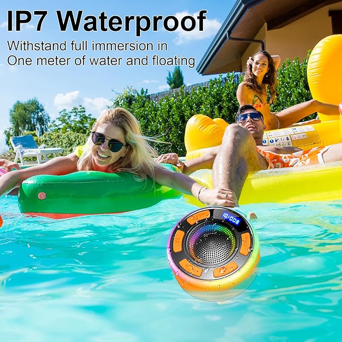 Shower Bluetooth Speaker IPX7 Waterproof, Portable Bluetooth Speakers with Suction Cup and Time Display, Crystal Sound&Bass LED Light 1100mAh, Wireless Shower Speaker for Outdoor/Kayak/Gifts Orange